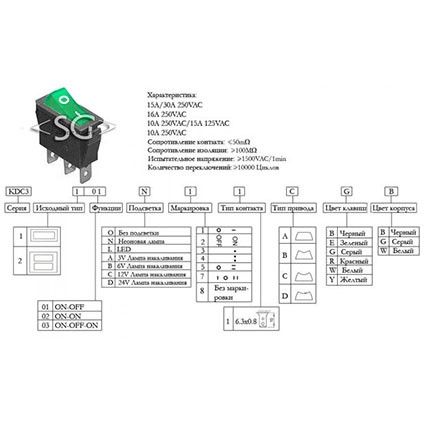 Переключатель KCD3-1 (KCD3-101N11CGK) 16A 3pin GREEN light Переключатель KCD3-1 (KCD3-101N11CGK) 16A 3pin GREEN light