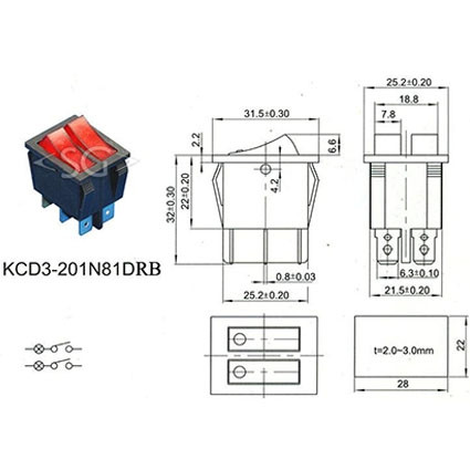 Переключатель KCD3-2 (KCD3-201N11CRK) (маркировка KCD4) 16A 6pin RED light Переключатель KCD3-2 (KCD3-201N11CRK) (маркировка KCD4) 16A 6pin RED light